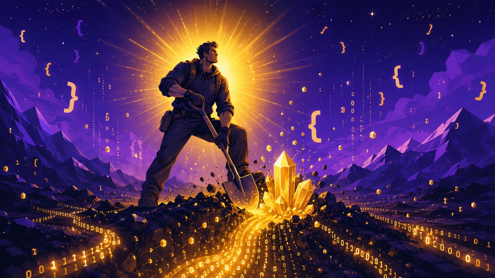 A heroic data miner unearthing glowing data with a shovel — Wati9a web scrapers
